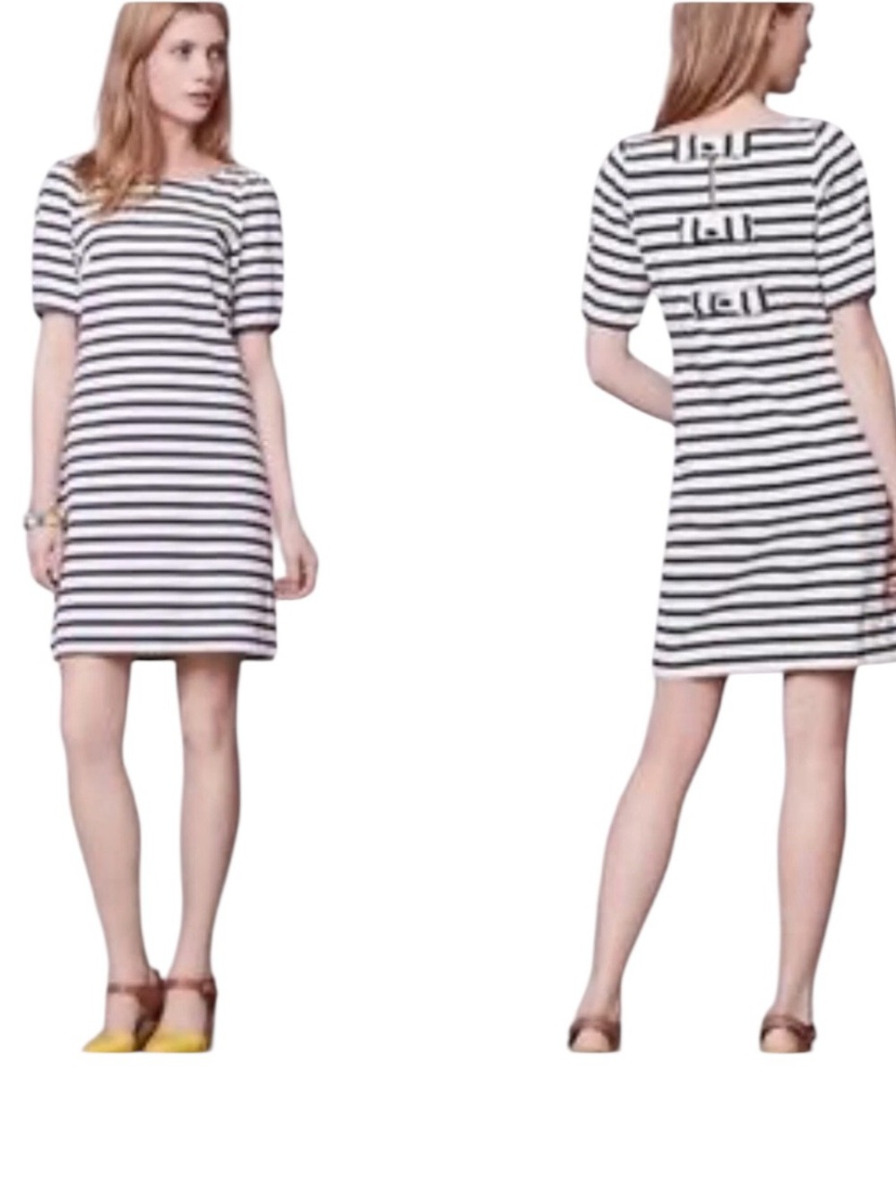 Anthropologie Postmark Navy White Striped 3 Bows Short Sleeve Shift Dress (H)